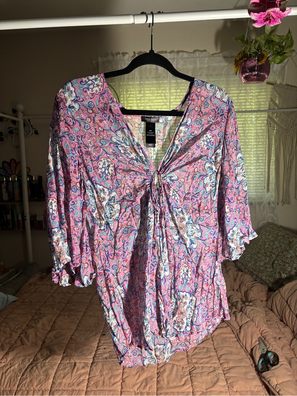 Bisou Bisou Pink Paisley Tie-Front Blouse